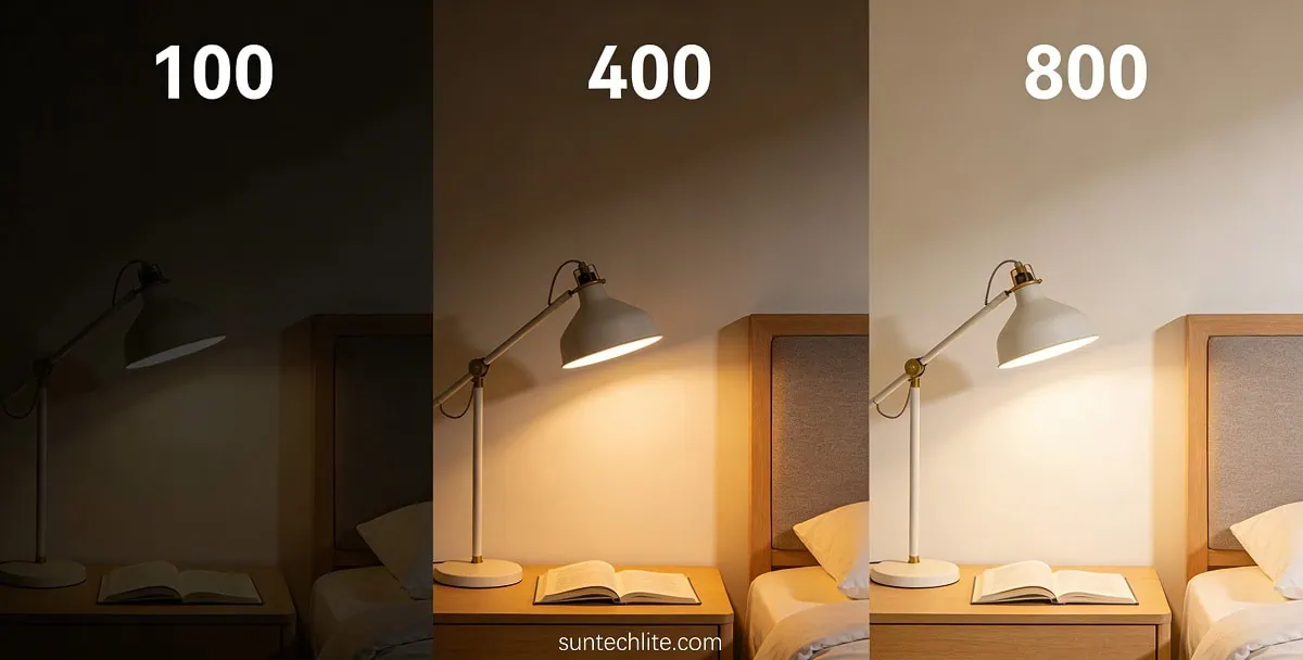100 lumens vs 400 lumens vs 800 lumens brightness in a room