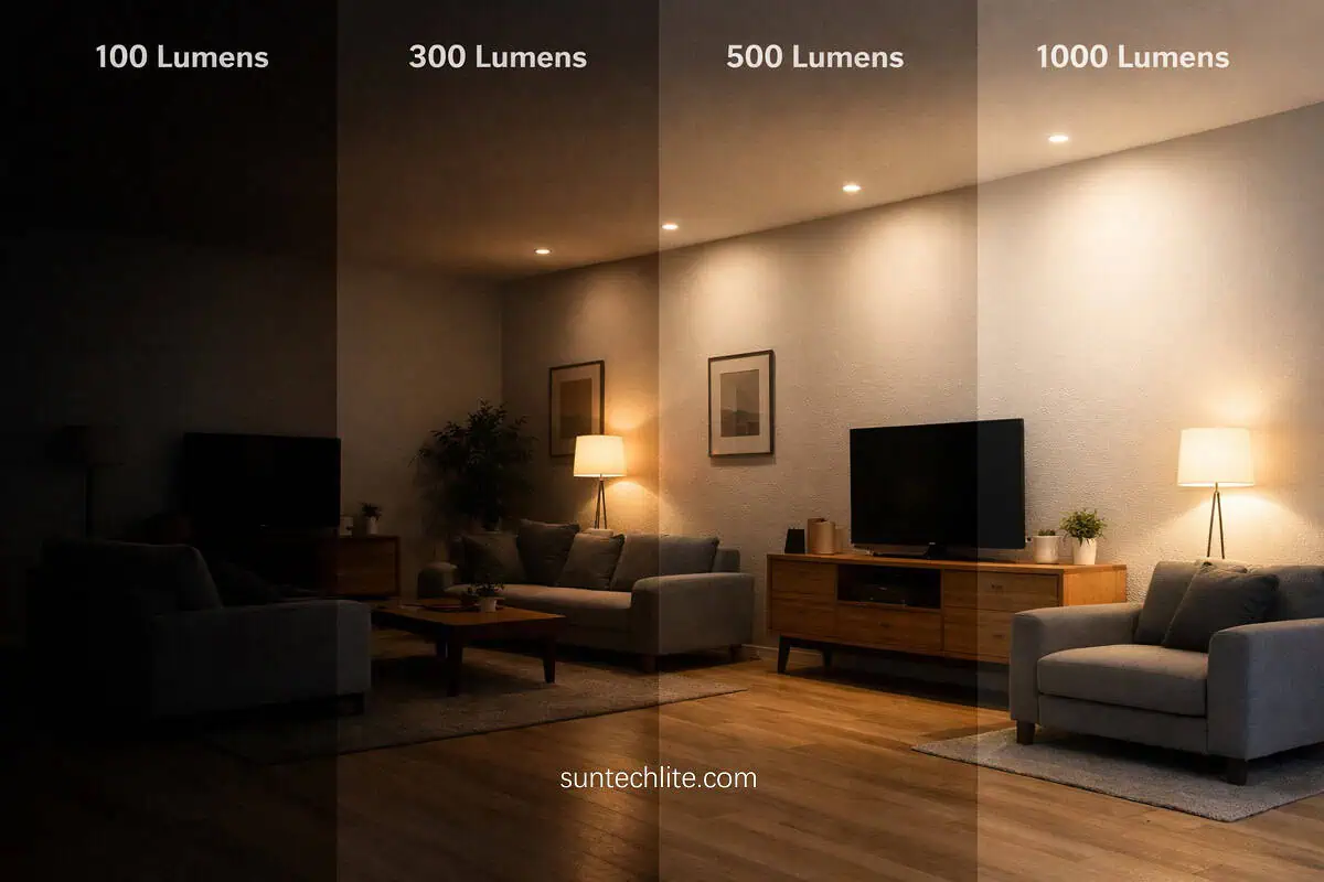 what 500 lumens looks like in a room compared to 100, 300 and 1000 lumens lighting
